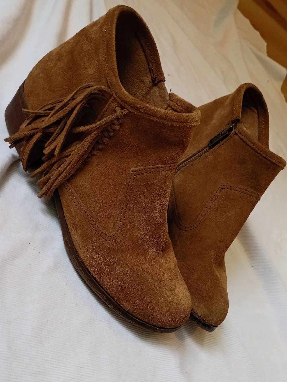 Minnetonka Cognac Suede Fringe Ankle Booties